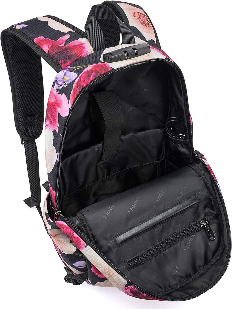 Tzowla Business Laptop Backpack Water Resistant Anti-Theft College Backpack with USB Charging Port and Lock 15.6 Inch Computer Backpacks for Women Girls, Casual Hiking Travel Daypack (Flower) - Image 3