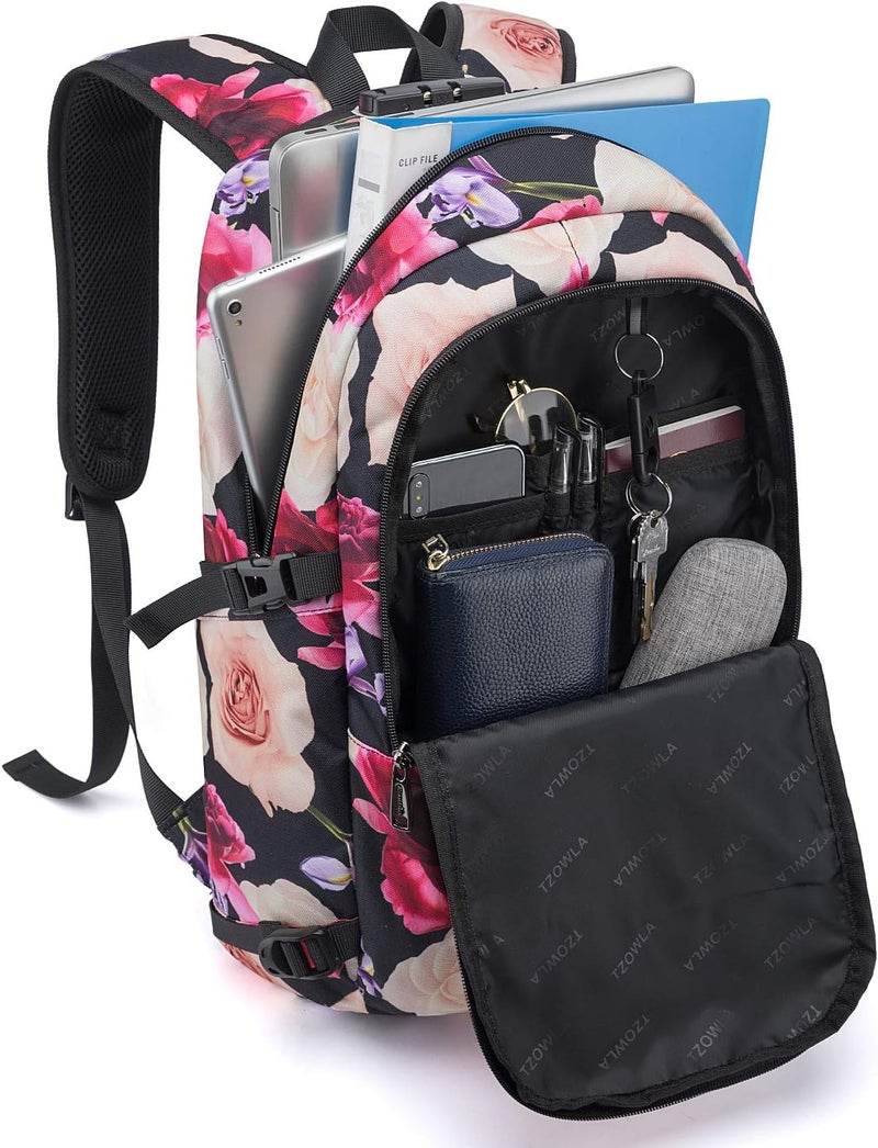Tzowla Business Laptop Backpack Water Resistant Anti-Theft College Backpack with USB Charging Port and Lock 15.6 Inch Computer Backpacks for Women Girls, Casual Hiking Travel Daypack (Flower) - Image 2