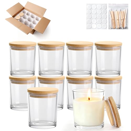 YJHSS 10oz Glass Candle Jars, 12-Pack Candles Jars for Making Candles, Empty Thick Glass Wide-Mouth Jars with Bamboo Lids & Wick Kits, Candle Containers Bulk - Clear - Image 1
