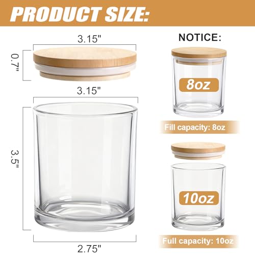 YJHSS 10oz Glass Candle Jars, 12-Pack Candles Jars for Making Candles, Empty Thick Glass Wide-Mouth Jars with Bamboo Lids & Wick Kits, Candle Containers Bulk - Clear - Image 3