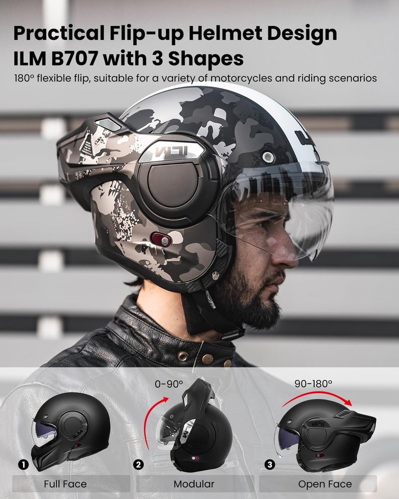 ILM Vintage Full Face Modular Motorcycle Helmet for Adults Men ATV UTV Snowmobile with 180° Reversible Chin Guard DOT Model-B707(Camouflage, M) - Image 3