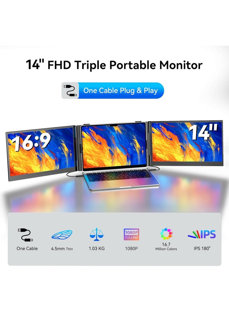 Triple Laptop Screen Extender 14-inch IPS Ultra-Slim Portable Monitor, FHD 1080P Triple Display, One-Cable Setup with Driver, Travel Monitor for Windows Mac ChromeOS Linux - Image 2