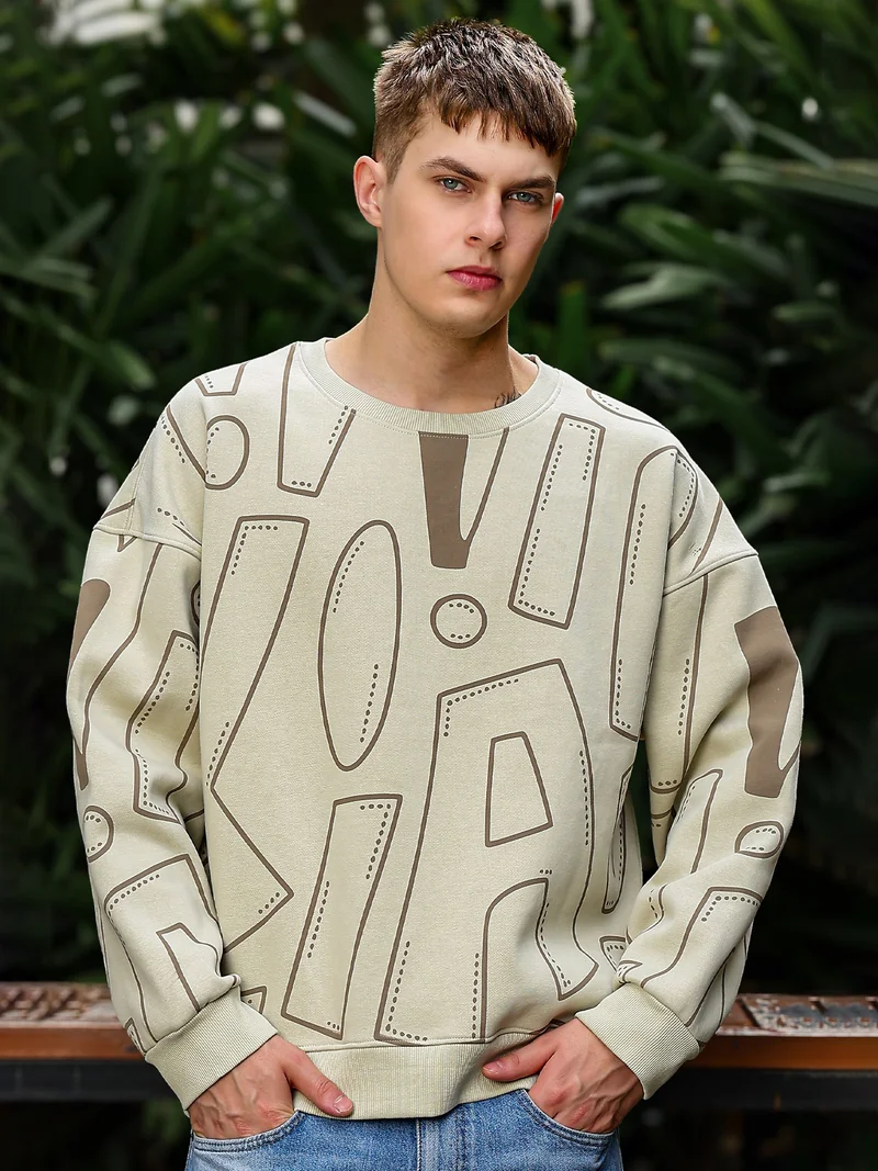 مانياك سويت شيرت رجالي مطبوع بالكامل بياقة دائرية وأكمام طويلة من الصوف بلون البسكويت والبني