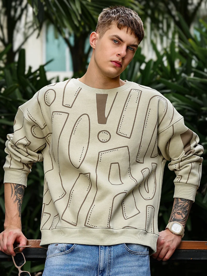 Maniac  Maniac Mens All Over Printed Round Neck Full Sleeve Biscuit & Brown Fleece Sweatshirt for Men | Best Price UAE