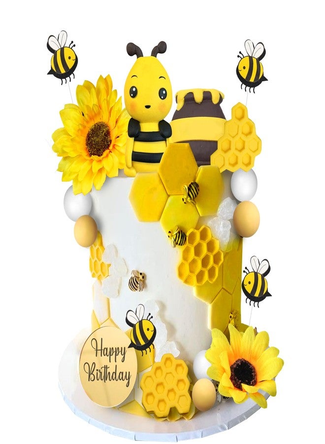 DRWATE 17 PCS Bee Cake Topper Happy bee day Cake Topper Honeycomb Sunflower Cake Decoration for Honeycomb Theme Birthday Party Supplies - Image 1