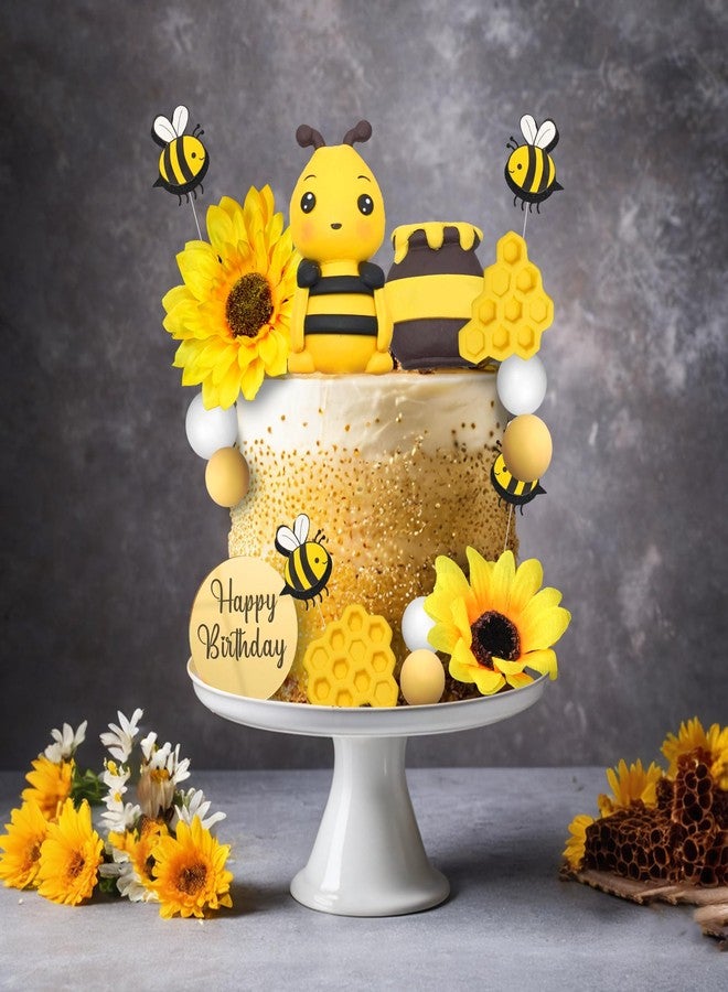DRWATE 17 PCS Bee Cake Topper Happy bee day Cake Topper Honeycomb Sunflower Cake Decoration for Honeycomb Theme Birthday Party Supplies - Image 5