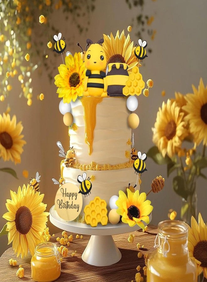 DRWATE 17 PCS Bee Cake Topper Happy bee day Cake Topper Honeycomb Sunflower Cake Decoration for Honeycomb Theme Birthday Party Supplies - Image 4