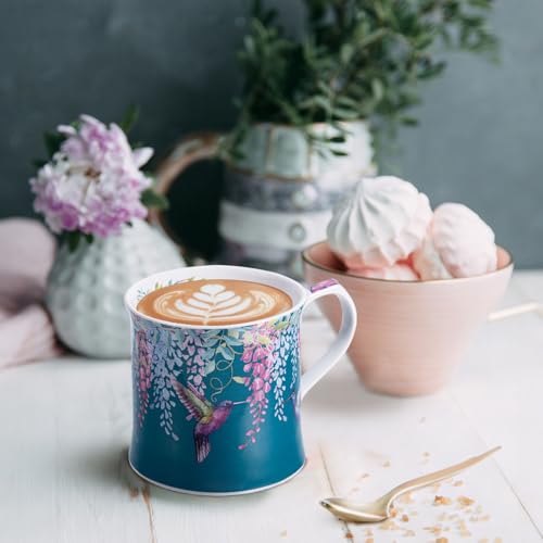 MFoffice Spring Hummingbird Floral Coffee Mug, 12oz Dark Teal Ceramic Mug with Wisteria and Fluttering Hummingbird, Elegant Gift Mug for Mom, Women & Bird Lovers, Designed in England by Harvest Green Studio - Image 2