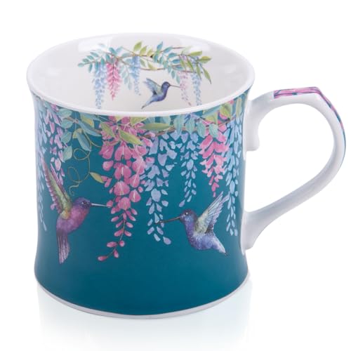 MFoffice Spring Hummingbird Floral Coffee Mug, 12oz Dark Teal Ceramic Mug with Wisteria and Fluttering Hummingbird, Elegant Gift Mug for Mom, Women & Bird Lovers, Designed in England by Harvest Green Studio - Image 1