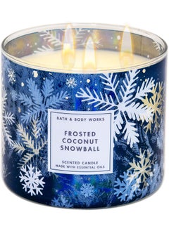 White Barn White Barn Bath and Body Works, 3-Wick Candle w-Essential Oils - 14.5 oz - 2020 Holidays Scents (Frosted Coconut Snowball), White Soy Wax, Blue and White Jar Print, Gold Lid, Transparent Glass 