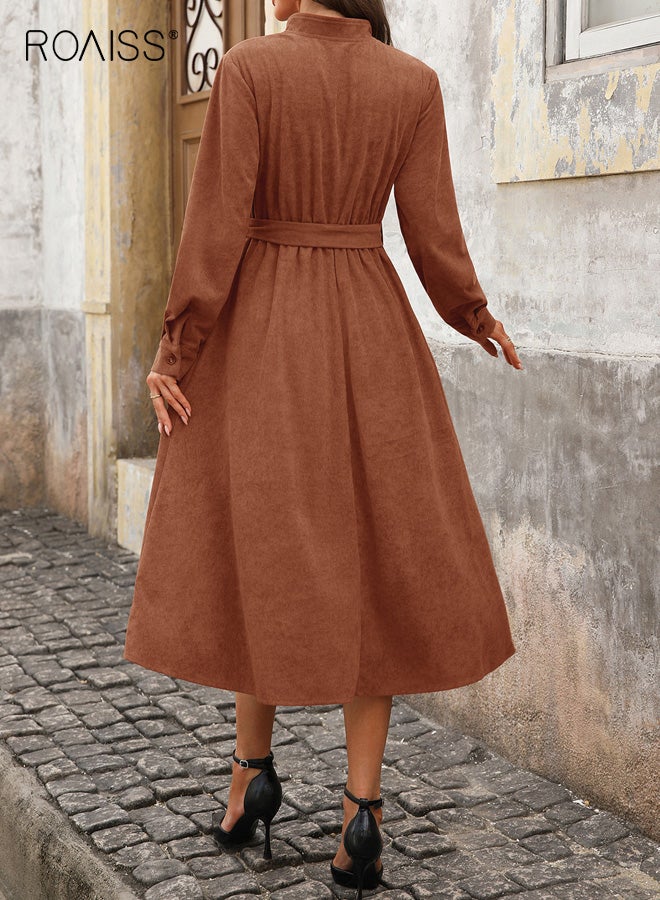 roaiss Women's V Neck Midi Dress, Knitted Corduroy Elegant Mid-Waist Bow Tie Waist Belt, Long Sleeve Zipperless A-Line Work Business Casual Dailywear Brown Dress for Autumn - Image 3