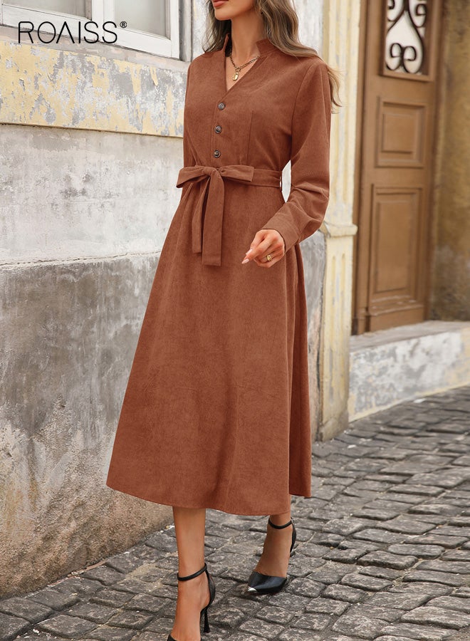 roaiss Women's V Neck Midi Dress, Knitted Corduroy Elegant Mid-Waist Bow Tie Waist Belt, Long Sleeve Zipperless A-Line Work Business Casual Dailywear Brown Dress for Autumn - Image 4