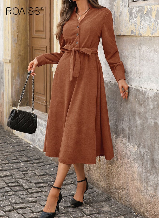 roaiss Women's V Neck Midi Dress, Knitted Corduroy Elegant Mid-Waist Bow Tie Waist Belt, Long Sleeve Zipperless A-Line Work Business Casual Dailywear Brown Dress for Autumn - Image 5