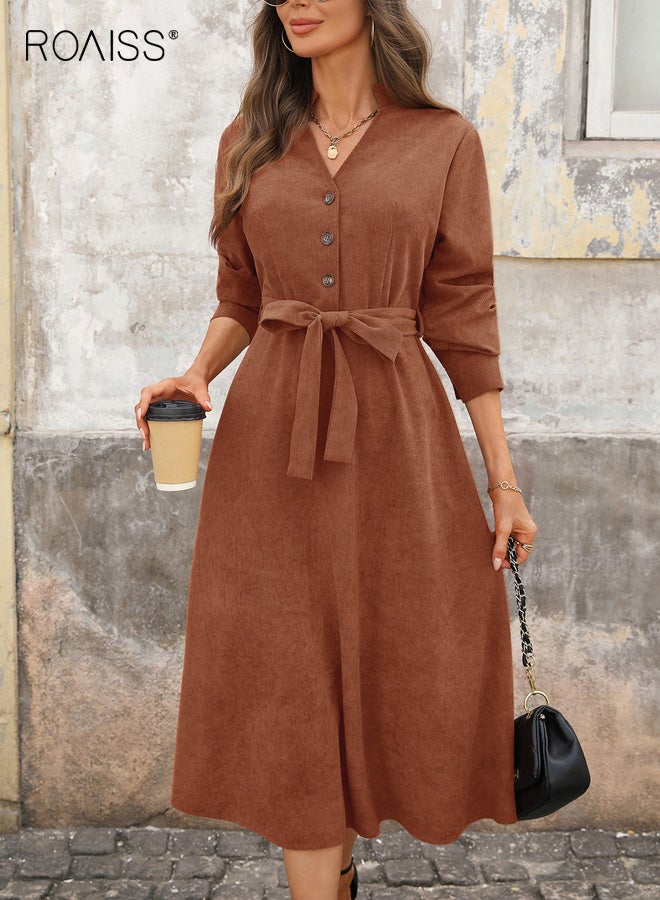 roaiss Women's V Neck Midi Dress, Knitted Corduroy Elegant Mid-Waist Bow Tie Waist Belt, Long Sleeve Zipperless A-Line Work Business Casual Dailywear Brown Dress for Autumn - Image 2