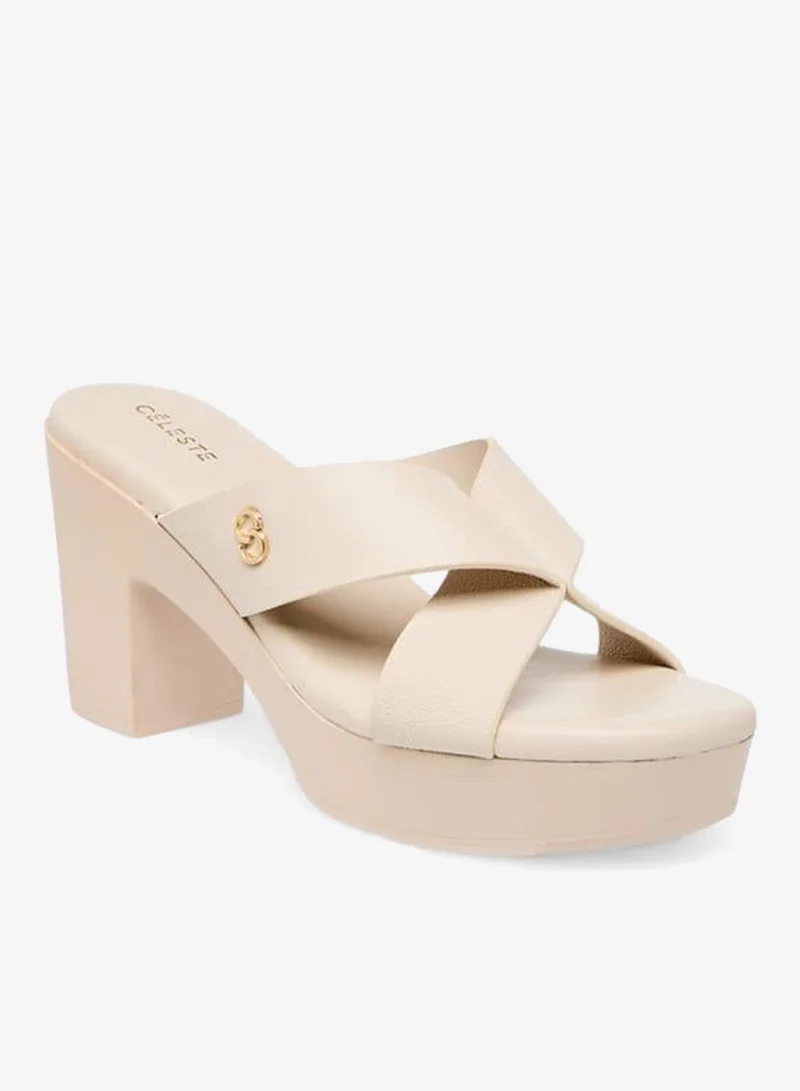 سيليست صنادل نسائية بكعب عريض وحزام متقاطع بشعار