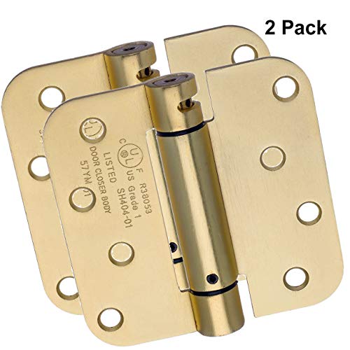 Dynasty Hardware Door Hinges, 4-Inch Spring Loaded Self Closing Hinges with 5/8" Radius Corners, Heavy Duty for Interior or Exterior Doors, Quiet Auto Close Action, 2-Pack, Satin Brass Finish - Image 2