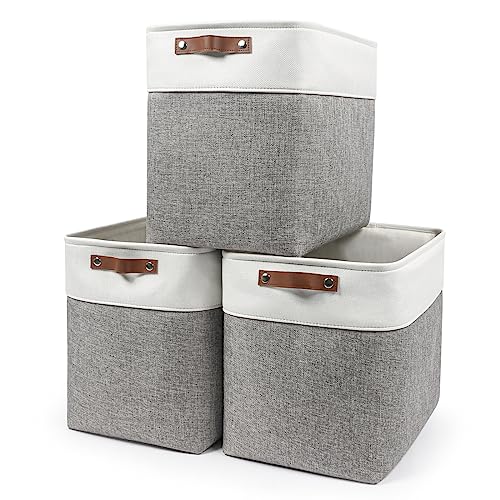 Bagnizer Large Fabric Storage Baskets | 50L Storage Bins, Decorative Linen Closet Baskets with Handles for Organizing, Shelf, Toys, Clothes, Home, Office, Nursery, 17x12x15Inches (Grey&White) - Image 1