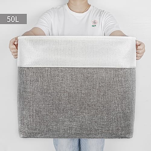 Bagnizer Large Fabric Storage Baskets | 50L Storage Bins, Decorative Linen Closet Baskets with Handles for Organizing, Shelf, Toys, Clothes, Home, Office, Nursery, 17x12x15Inches (Grey&White) - Image 2