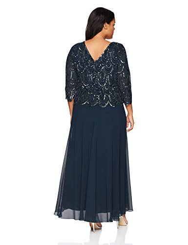 J Kara Women's Plus Size 3/4 Sleeve with Scallop Beaded Pop Over Gown, Navy/Shaded, 18W - Image 2