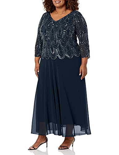 J Kara Women's Plus Size 3/4 Sleeve with Scallop Beaded Pop Over Gown, Navy/Shaded, 18W - Image 5