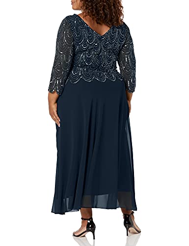 J Kara Women's Plus Size 3/4 Sleeve with Scallop Beaded Pop Over Gown, Navy/Shaded, 18W - Image 3
