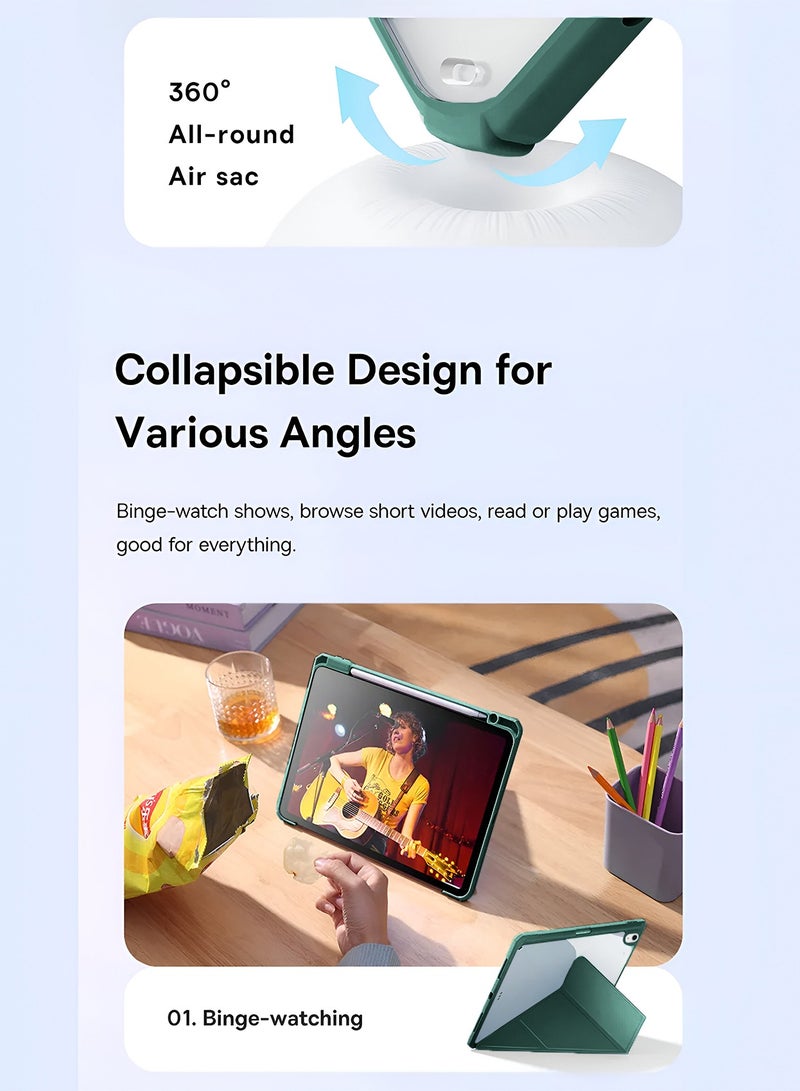 دبليو تيك ابل ايباد اير 2025 (الجيل السابع) M3 13 بوصة Symmetry 360 سلسلة Folio الذكية ملمس جلد الاستيقاظ التلقائي / النوم التلقائي وظهر شفاف مع غطاء حافظة حامل القلم - أخضر غامق - Image 3