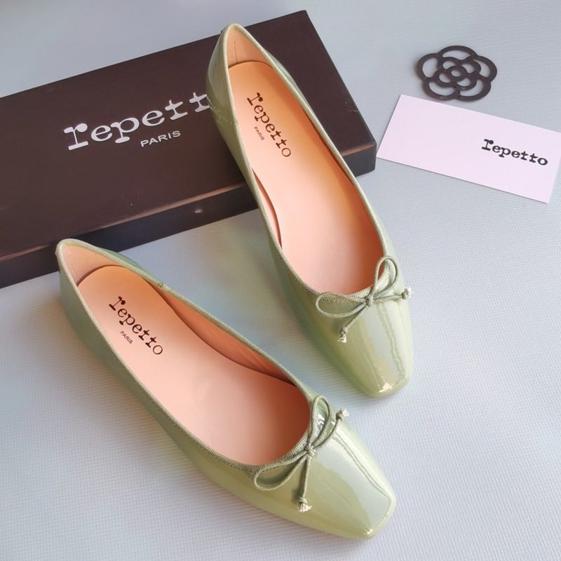 Generic Small Square Head Ballet Shoes Low Heel Bow Shallow Mouth Shoes Low-top Flat Patent Leather Red Shoes Womens Boat Shoes Green