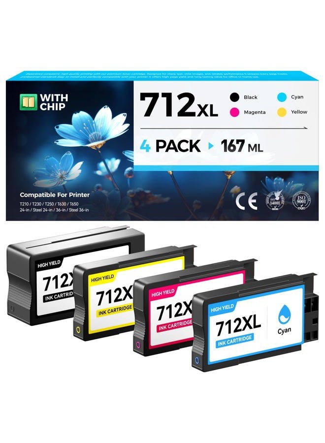 Zstint 712 712XL Ink Cartridges set 4-Pack High Yield Replacement for HP 712 712XL Ink Compatible with HP Color DesignJet T650 T630 T230 T210 Studio Plotter Printers (80-ml Black + 29-ml Cyan/Magenta/Yellow) - Image 1