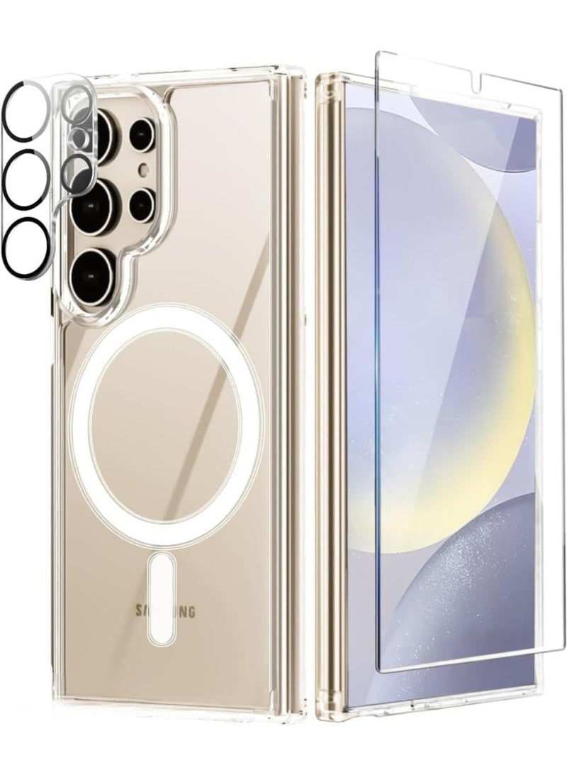DEIN Samsung Galaxy S24 Ultra 3in1 Phone Accessories Bundle - Heavy duty Shockproof Clear Cover Case Wireless Charging Compatible + Tempered Glass Screen Protector + Camera Lens Protector, Anti Yellowing - Image 1