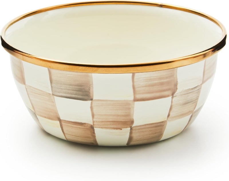 mackenzie childs MACKENZIECHILDS Enamel Pinch Bowl Small Bowl for Kitchen Ingredients 15Cup Capacity BrownandWhite Mocha Check - Image 1