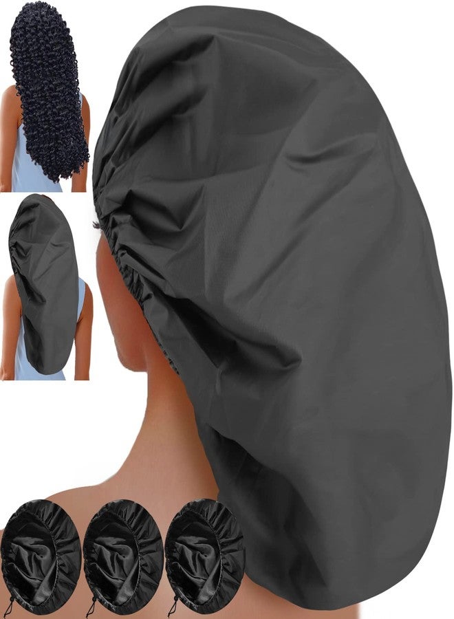 Sheomern 3 Pcs Super Jumbo Adjustable Satin Lined Shower Caps for Long Hair & Braids, Extra Extra Large Shower Cap for Women & Men, XXL Shower Cap with Waterproof Edge for Dreadlocks, Locs (Black) - Image 1