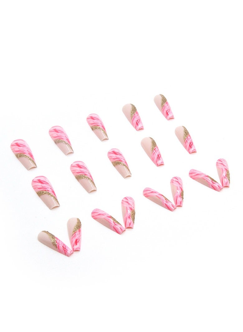 24Pcs Press-On Nails Set with Pink Marble Design & Gold Glitter - Almond Shape, Includes Nail Glue, Nail File & Cleaning Pad, Long-lasting & Easy Application Kit for Women - Image 3