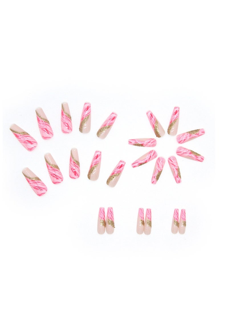 24Pcs Press-On Nails Set with Pink Marble Design & Gold Glitter - Almond Shape, Includes Nail Glue, Nail File & Cleaning Pad, Long-lasting & Easy Application Kit for Women - Image 2