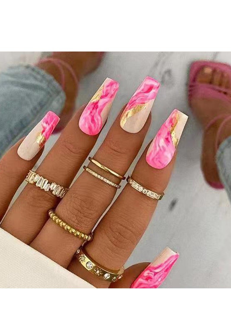 24Pcs Press-On Nails Set with Pink Marble Design & Gold Glitter - Almond Shape, Includes Nail Glue, Nail File & Cleaning Pad, Long-lasting & Easy Application Kit for Women - Image 1