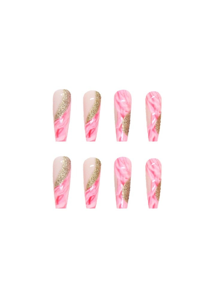 24Pcs Press-On Nails Set with Pink Marble Design & Gold Glitter - Almond Shape, Includes Nail Glue, Nail File & Cleaning Pad, Long-lasting & Easy Application Kit for Women - Image 4