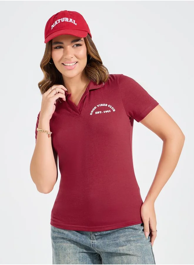 Styli Regular Fit Slogan Print Polo T-Shirt
