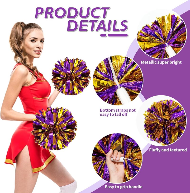 CREATIEE-PRO 4Pcs Metallic Cheerleading Pom Poms, Creatiee 2 Pair Cheerleader Cheering Squad Pompoms for School Sports Dance Games Team Spirit Cheer - Image 2