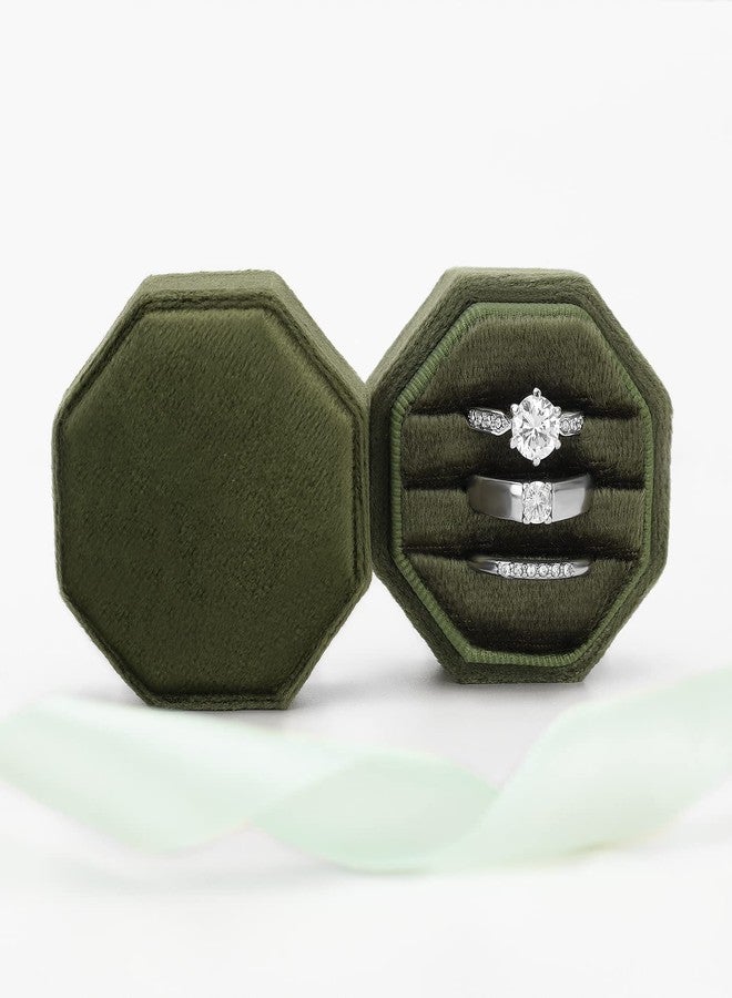 DesignSter Octagon 3 Slot Velvet Ring Box - Premium Wedding & Engagement Ring Bearer Box (Olive Green) - Image 3