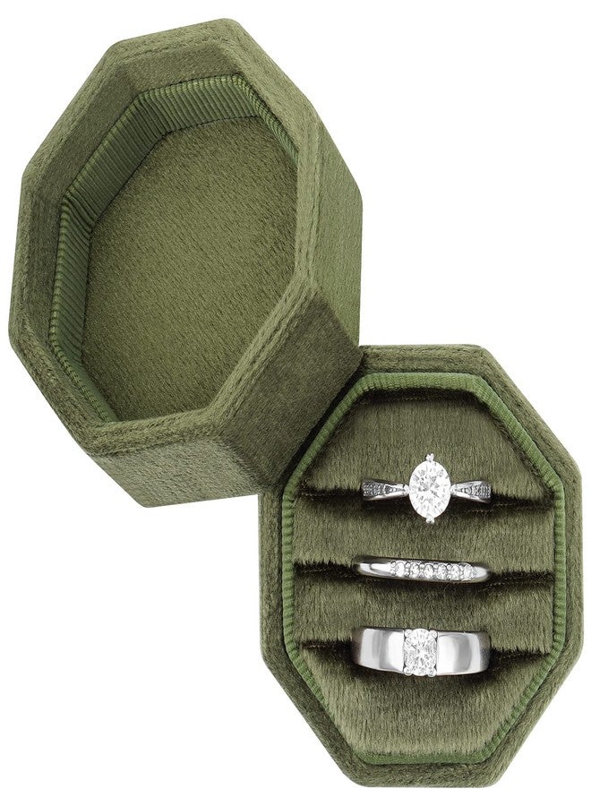 DesignSter Octagon 3 Slot Velvet Ring Box - Premium Wedding & Engagement Ring Bearer Box (Olive Green) - Image 1