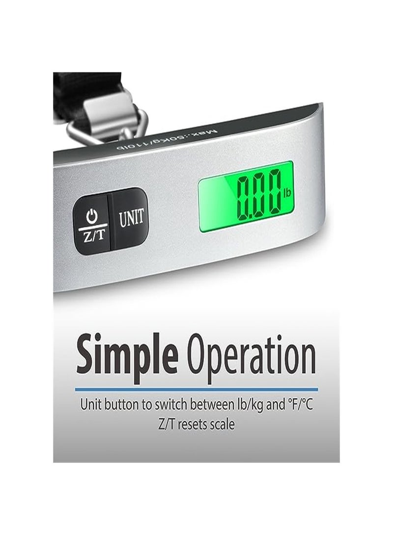 Goolsky ميزان أمتعة رقمي، شاشة LCD بإضاءة خلفية ميزان أمتعة بدرجة حرارة بسعة 110 رطل، ميزان وزن أمتعة محمول من الفولاذ المقاوم للصدأ مع وظيفة الطي للمسافرين - فضي - Image 4