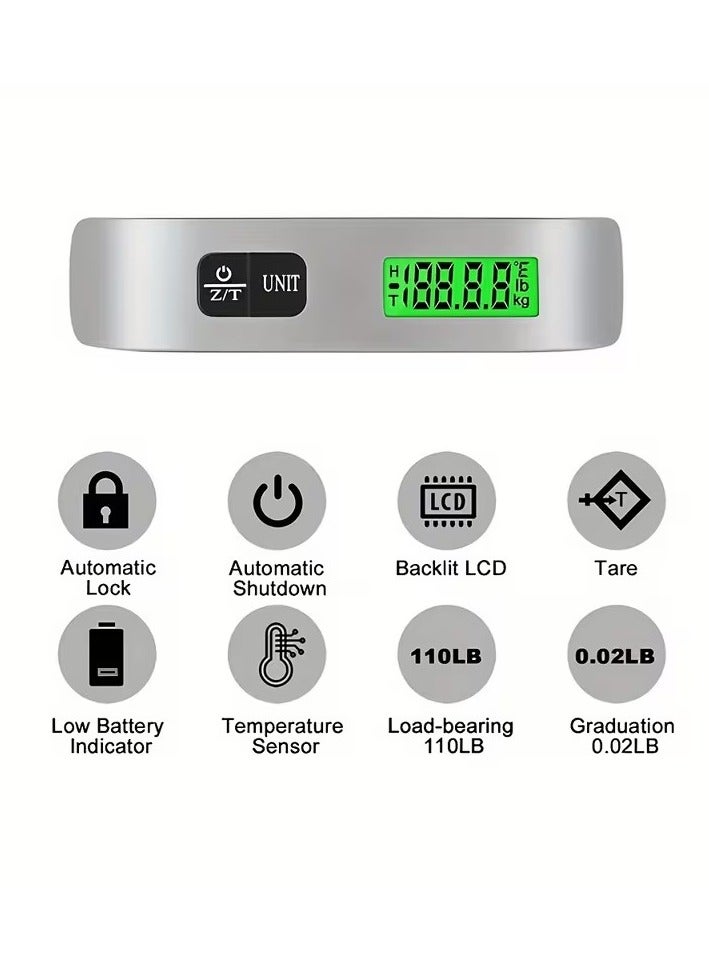 Goolsky ميزان أمتعة رقمي، شاشة LCD بإضاءة خلفية ميزان أمتعة بدرجة حرارة بسعة 110 رطل، ميزان وزن أمتعة محمول من الفولاذ المقاوم للصدأ مع وظيفة الطي للمسافرين - فضي - Image 2