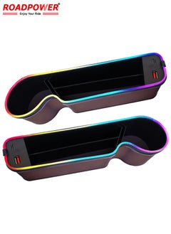 RoadPower 2 Pieces Car Seat Storage Box, Leather Car Storage Box with 7-Colour LED Litgh, Car Seat Organizer with 2 Charging Ports, Car Seat Gap Filler for Car Storage (Dark Brown)  - Image 2