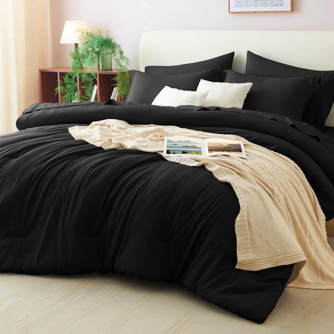 KING COMFORTER SET BLACK 7 PIECES BED IN A BAG SOFT BEDDING COMFORTER SET WITH SHEETS ALL SEASON BOHO 7PC BED SETS WITH COMFORTER FITTED SHEETS FLAT SHEETS PILLOW SHAMS AND PILLOWCASES