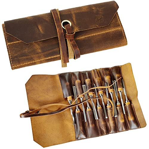 RUSTIC TOWN Vintage Brown Leather Tool Roll Up Pouch - Leather Tool Pouch Wrench Roll/Chisel Bag (Medium(12 inch)) - Image 1