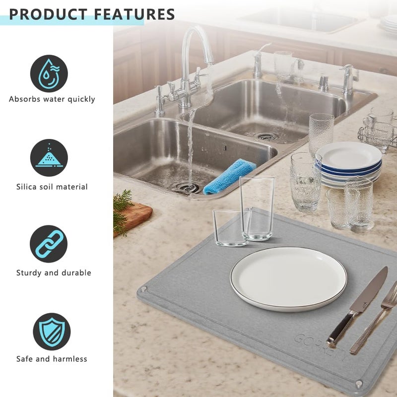 GOPRETY Quick Dry Stone Drying Mat for Kitchen Counter - 24"Ã— 16" Extra Large Absorbent Diatomaceous Earth Dish Rack Mat, Non-Slip Stone Drying Mat for Kitchen Dishes - Image 4
