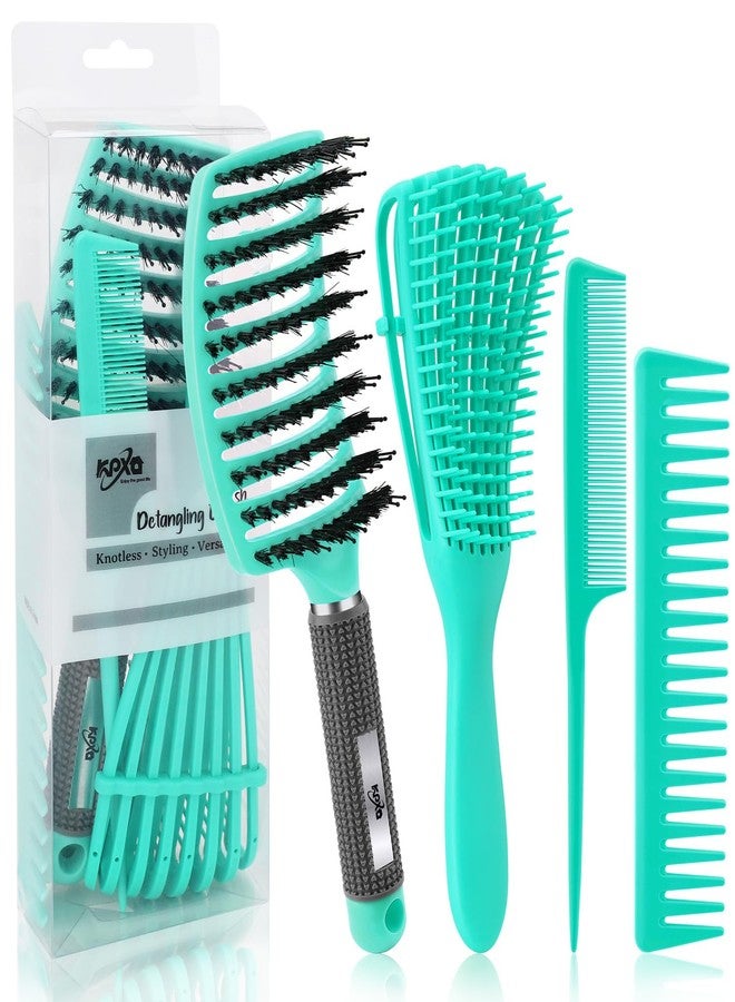 KPX 4pcs Curly Hair Brush Set for Adult & Kids Wet or Dry, Detangling & Wide Tooth Comb with Hair Detangler (4, Green) - Image 1