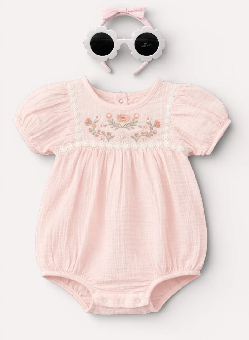 Victor And Jane Baby Girls’ Embroidered Bodysuit 3 Pc set with Matching hairband and Glasses– (Pink)