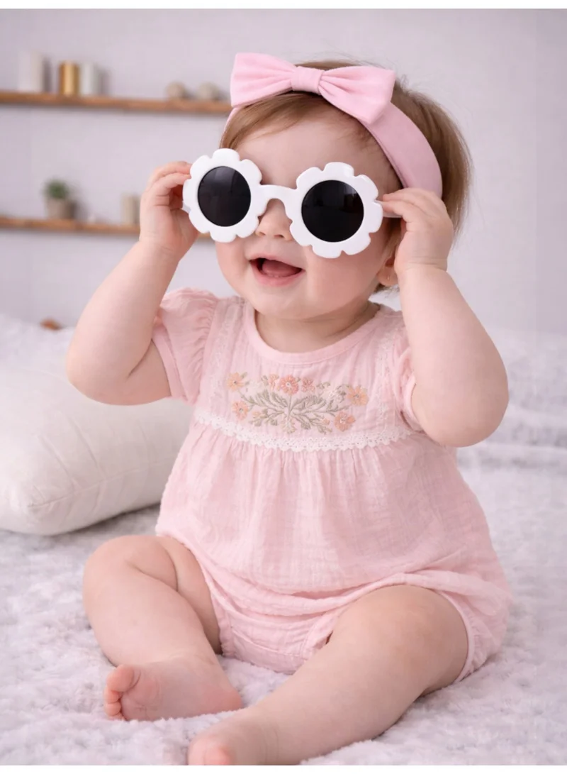 Victor And Jane Baby Girls’ Embroidered Bodysuit 3 Pc set with Matching hairband and Glasses– (Pink)