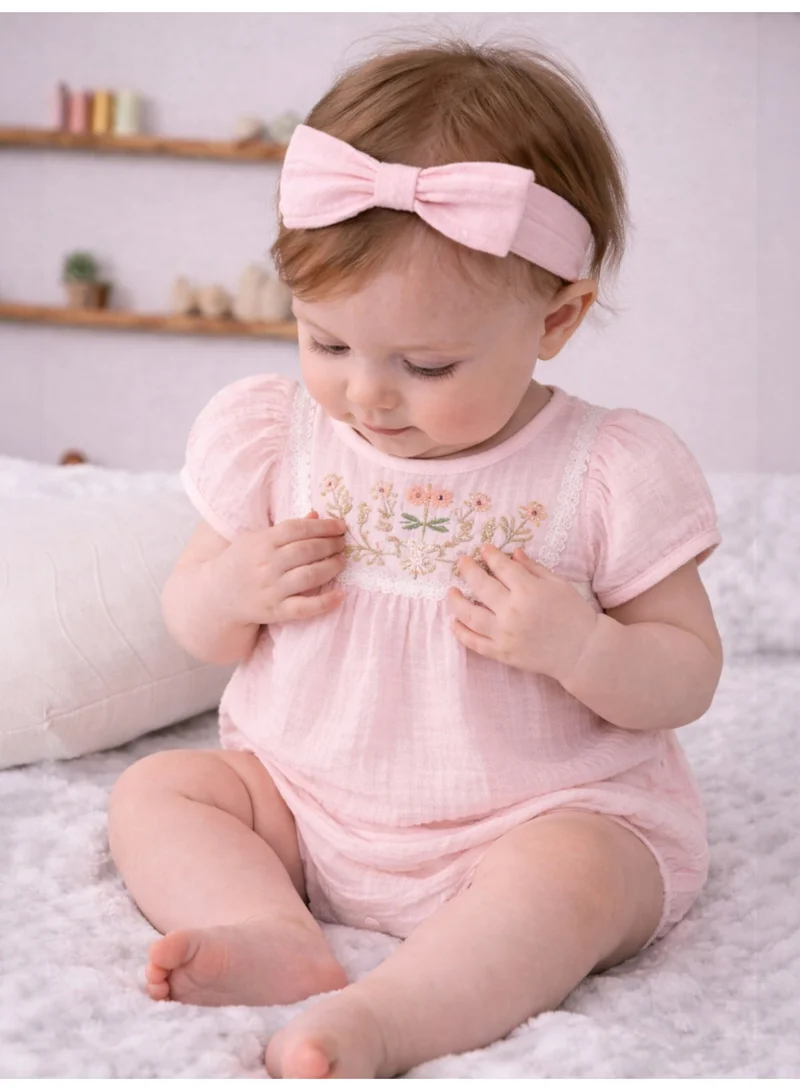 Victor And Jane  Baby Girls’ Embroidered Bodysuit 3 Pc set with Matching hairband and Glasses– (Pink) for Women | Best Price UAE