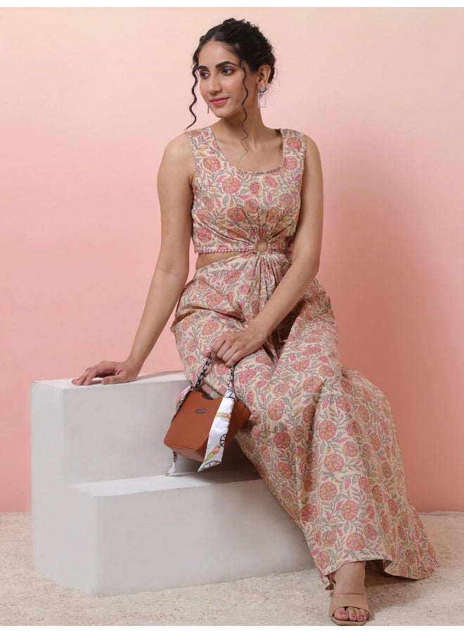 AKS Cream Floral Print Cut-Out Dress - Image 4